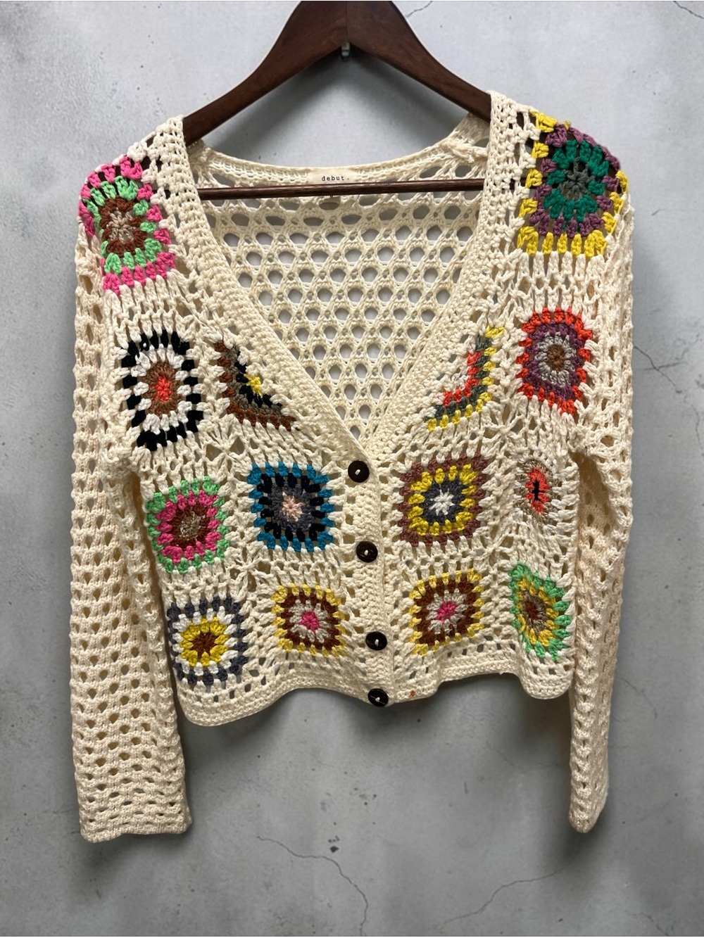 Debut- Crochet Patchwork V-Neck Button Cardigan Sweater